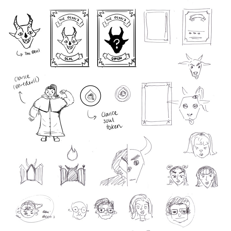 Rough sketches of board game characters, tokens and cards.